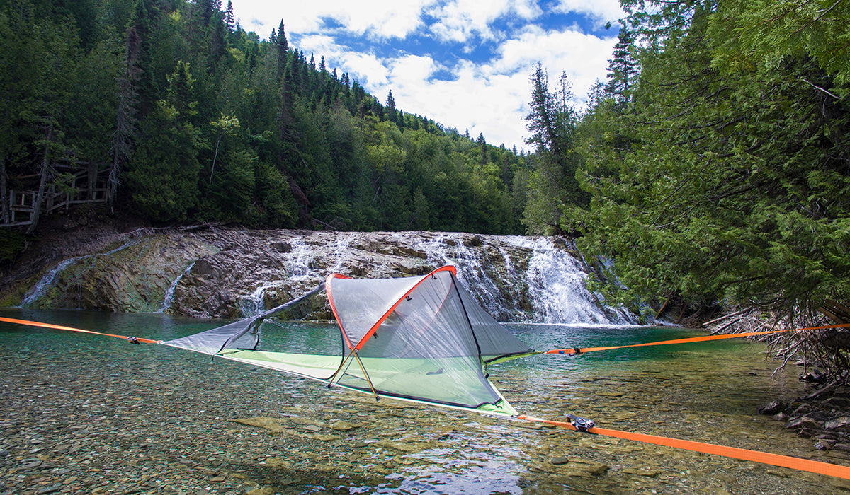 Connect 2 person Tentsile tree tent camping over a waterfall and river